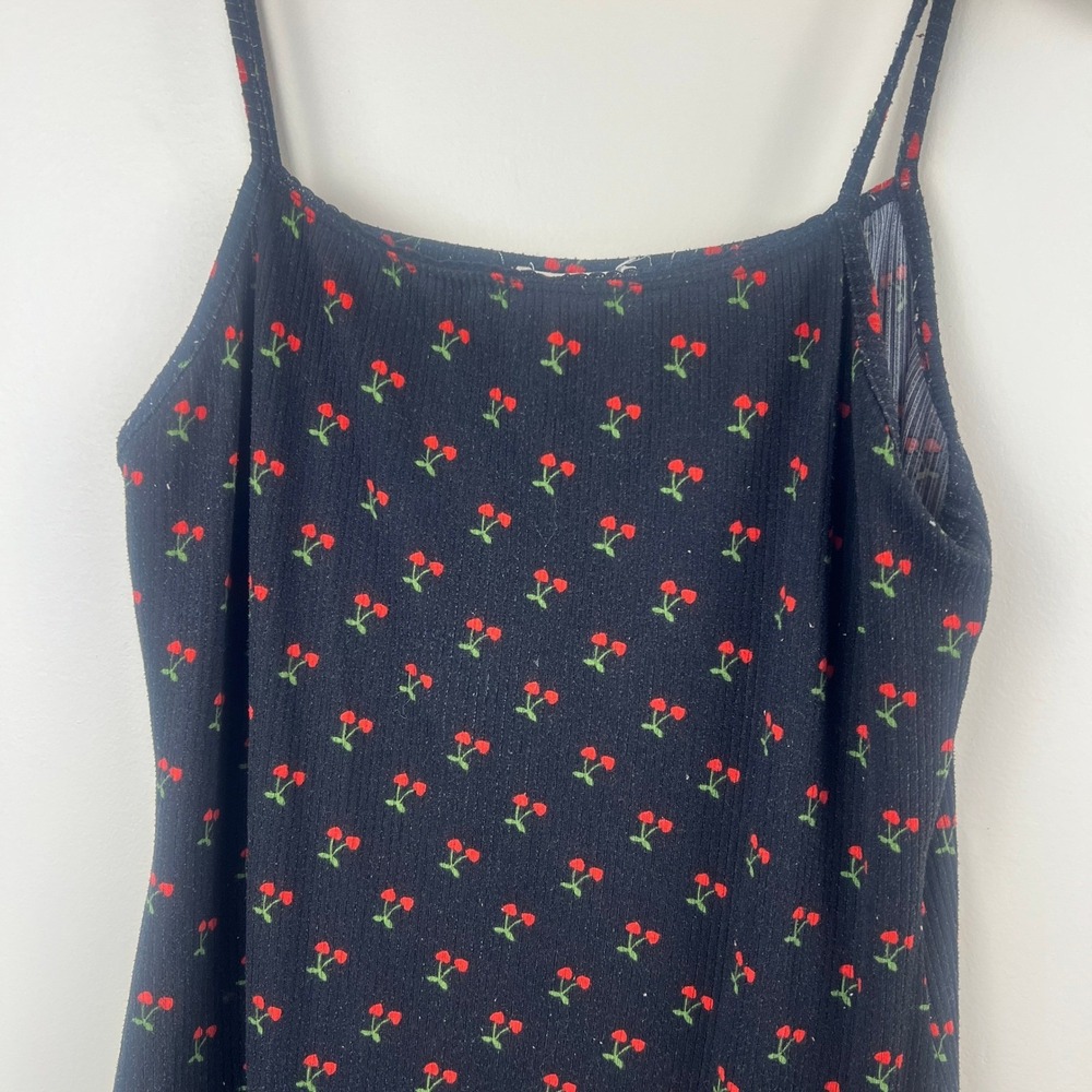 See You Monday Cherry Print Ribbed Mini Dress Black Red Spaghetti Strap Medium